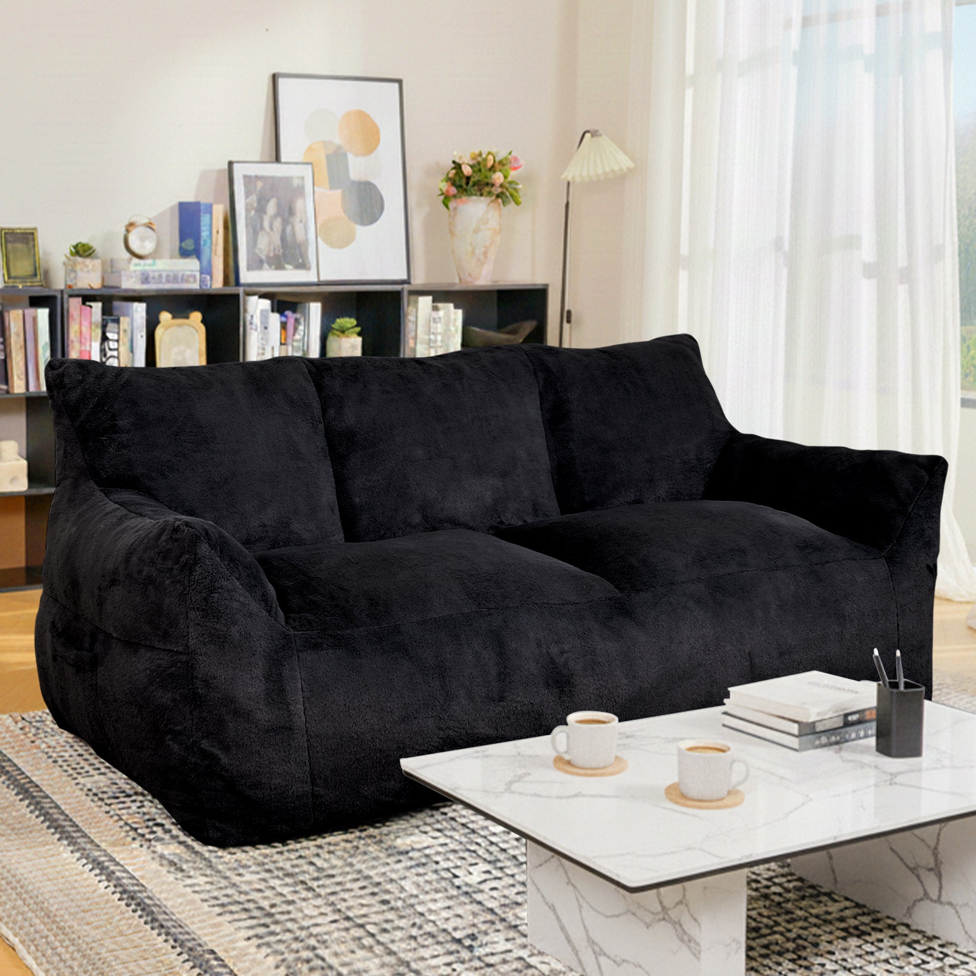 Modern Faux Fur Loveseat Couch for Small Space, Living Room Oversized Lounge Bean Bag Sofa with Memory Foam, Lazy Sofa with Soft Stuffed Filling for Apartment, Big Comfy Boneless Couches for Living Room, Bedroom