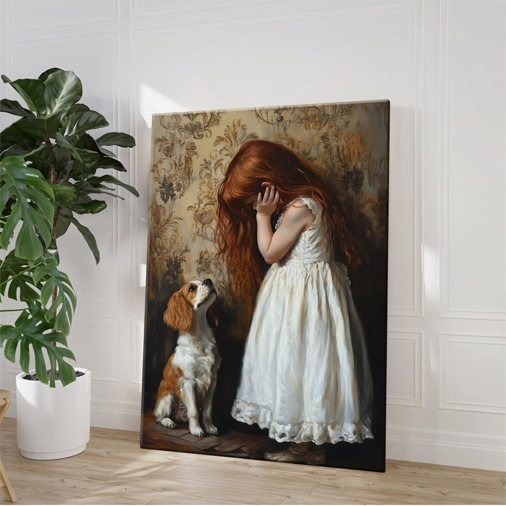 1pc Wooden Frame Canvas Poster - Artistic Girl with Red Hair in White Dress & Dog Illustration, High-Quality Canvas Print for Living Room, Bedroom, Office Decor, Canvas Wall Art