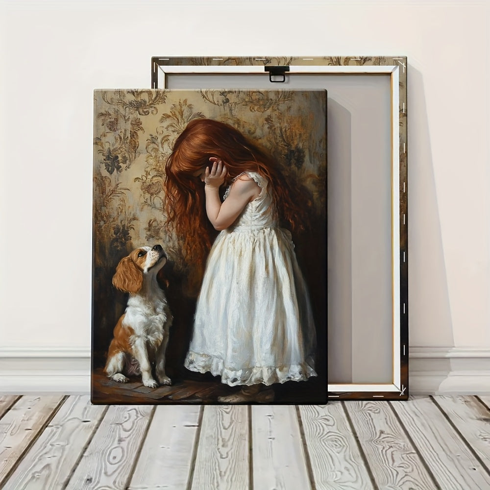 1pc Wooden Frame Canvas Poster - Artistic Girl with Red Hair in White Dress & Dog Illustration, High-Quality Canvas Print for Living Room, Bedroom, Office Decor, Canvas Wall Art