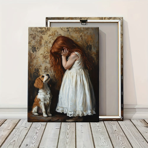 1pc Wooden Frame Canvas Poster - Artistic Girl with Red Hair in White Dress & Dog Illustration, High-Quality Canvas Print for Living Room, Bedroom, Office Decor, Canvas Wall Art