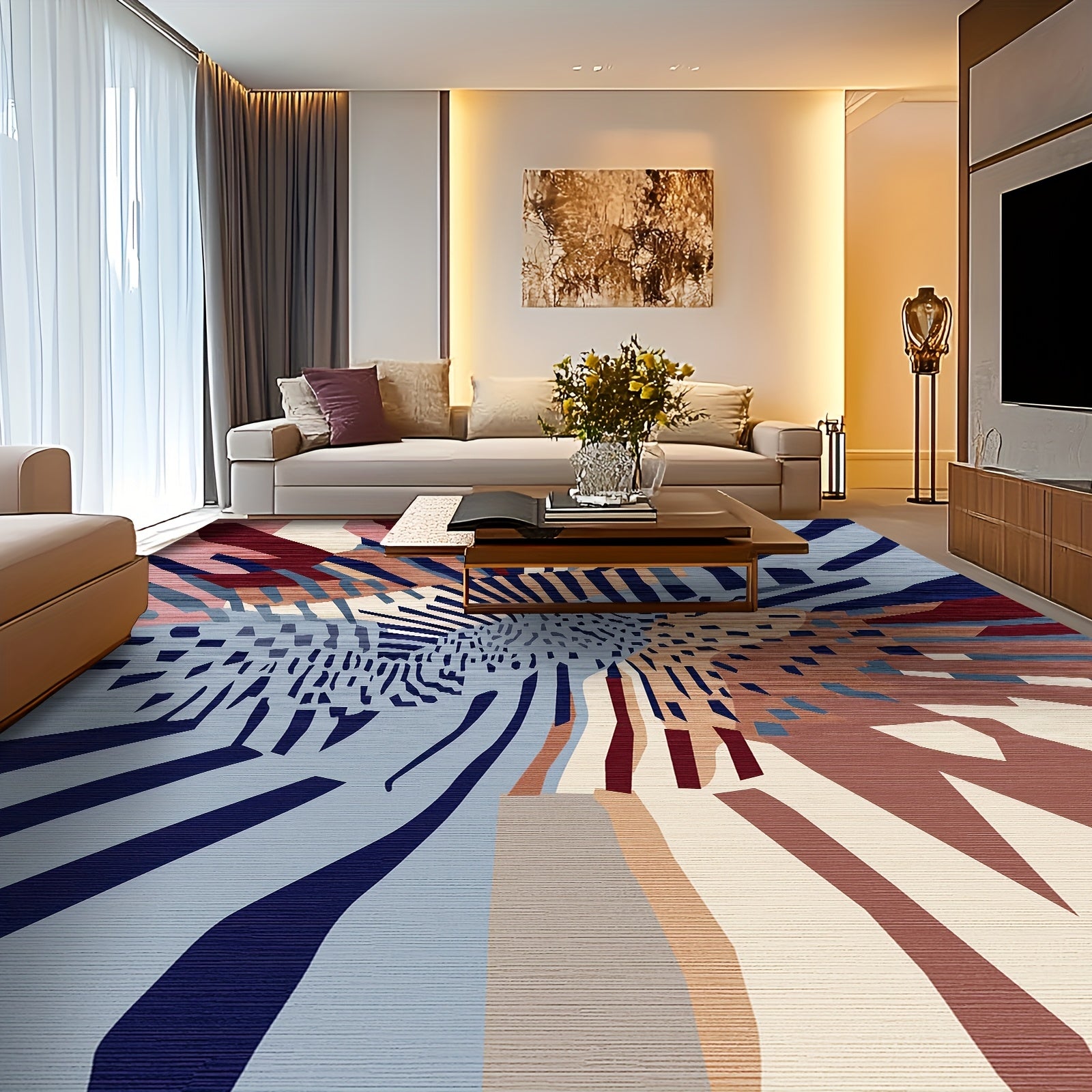 1pc Washable Modern Area Rug | Super Soft Low Pile Mat, Abstract Design, Brown & Blue, Non-Slip, Non-Shedding, Rectangle Rugs for Living Room, Bedroom, Office - Polyester, Machine Made by BLUEBOW