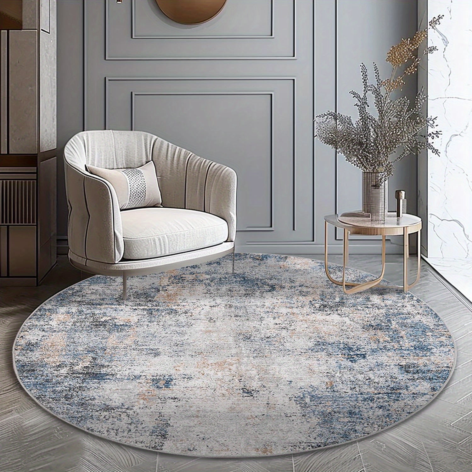 Contemporary Round Area Rug for Indoor Use, Featuring a Modern Abstract Design. This Thin, Washable Carpet Is Non-Slip And Suitable for Various Spaces Like The Kitchen, Dining Room, And Living Room, Adding a Stylish Touch to Your Home Decor