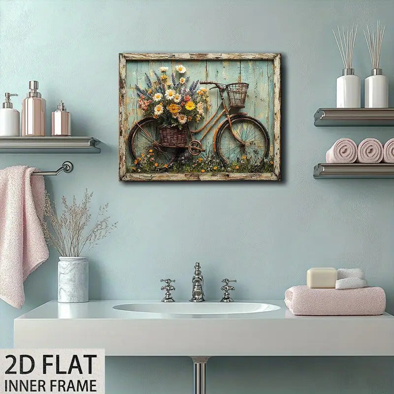 2D Flat, 1pc  and Blooming Flower Canvas Wall Art- Shabby Style Wooden Background, 12x16inch Country Landscape Painting Living Room Decoration, Kitchen Decoration Spring, Decoration, Pastoral Artwork, High-Quality Printing, 2D Flat, Room Decoration