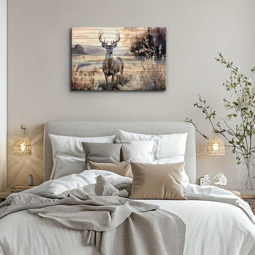 2D Flat, 2D Flat, Artistic Frame for Home Decor - Deer in The Grasslands of The Forest - Canvas Print for Cabin Living Spaces, Bedrooms, And Offices