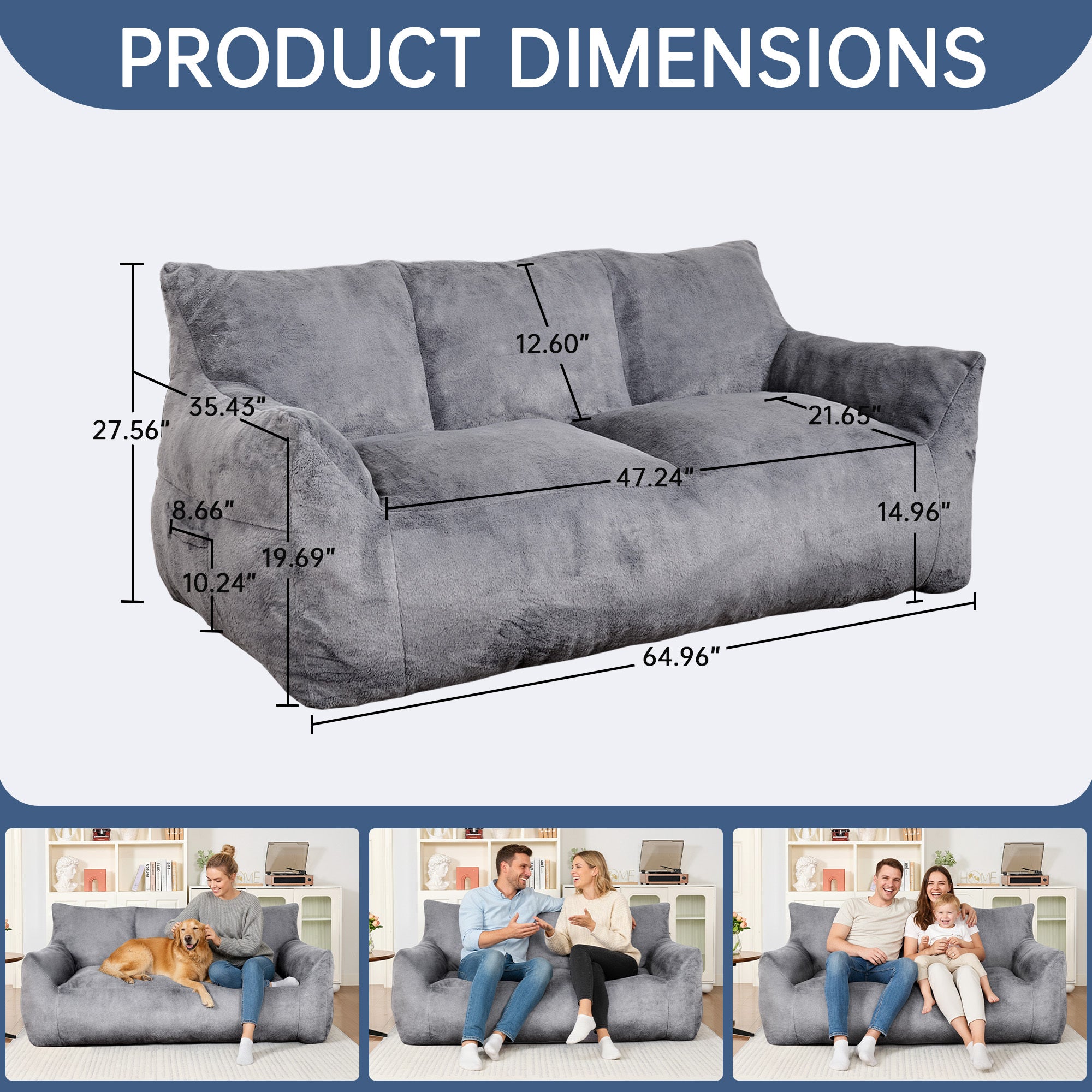 Modern Faux Fur Loveseat Couch for Small Space, Living Room Oversized Lounge Bean Bag Sofa with Memory Foam, Lazy Sofa with Soft Stuffed Filling for Apartment, Big Comfy Boneless Couches for Living Room, Bedroom
