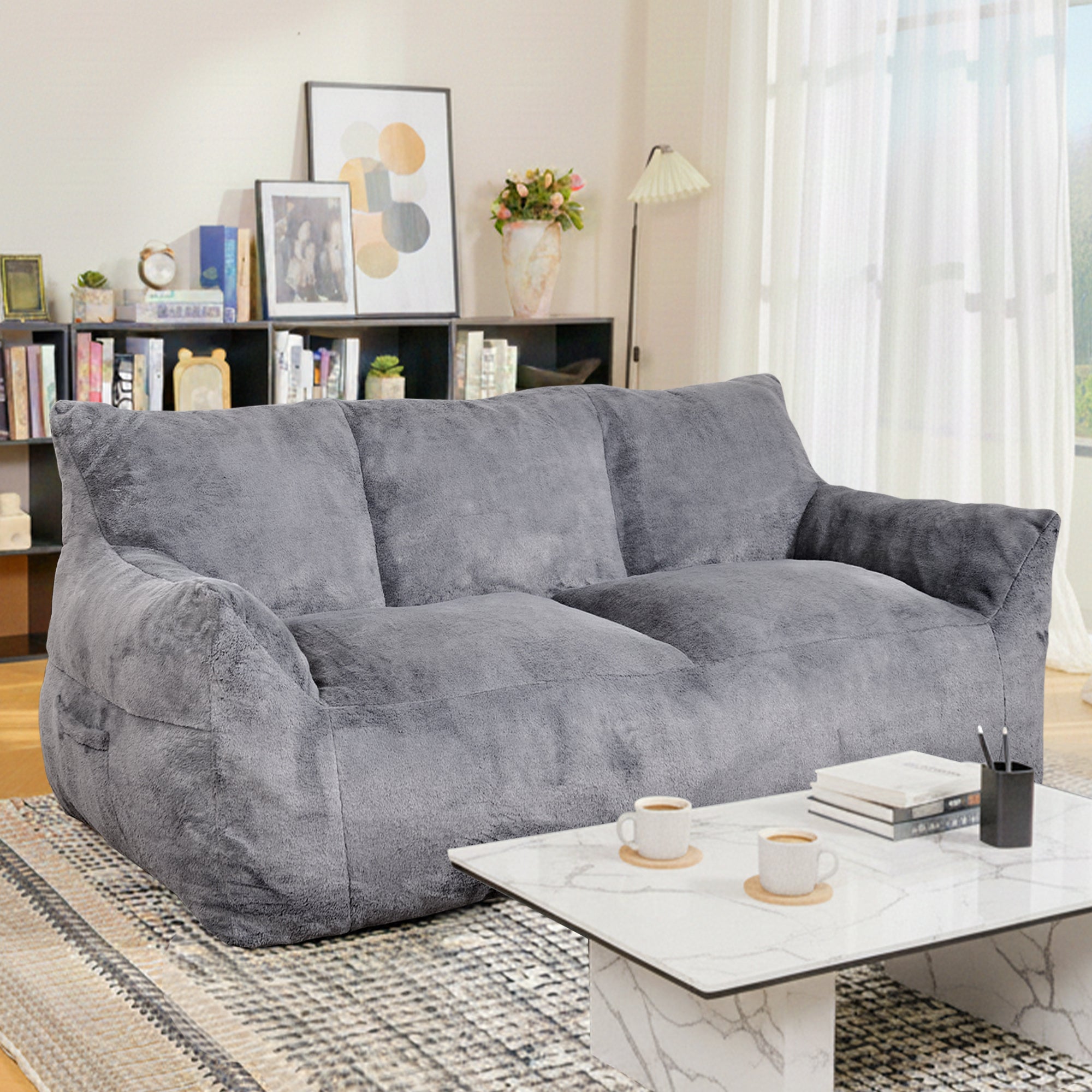 Modern Faux Fur Loveseat Couch for Small Space, Living Room Oversized Lounge Bean Bag Sofa with Memory Foam, Lazy Sofa with Soft Stuffed Filling for Apartment, Big Comfy Boneless Couches for Living Room, Bedroom