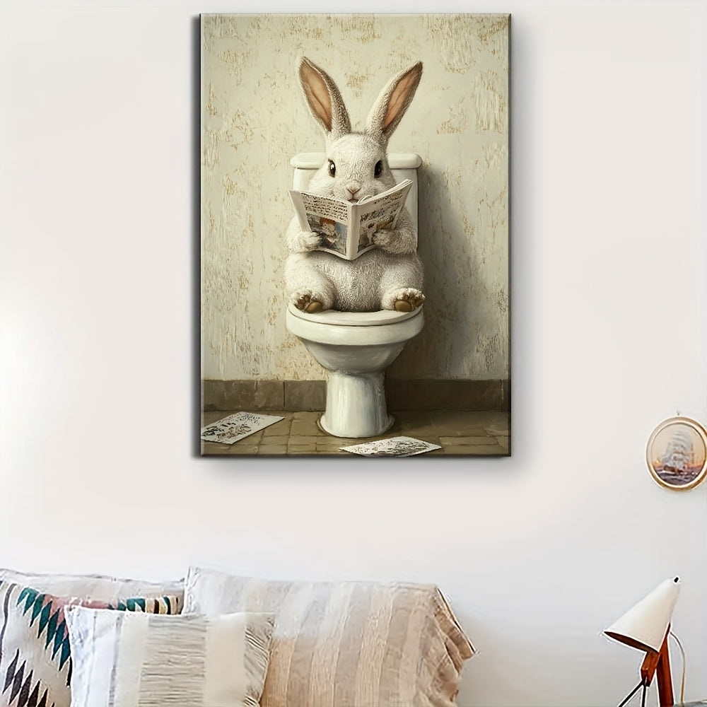 1pc Wooden Framed Canvas Painting, Rabbit in The Toilet Reading Newspaper Painting, Wall Decoration Art, Suitable for Anniversary, Home And Living Room Decoration Painting, Beautiful Wall Decoration