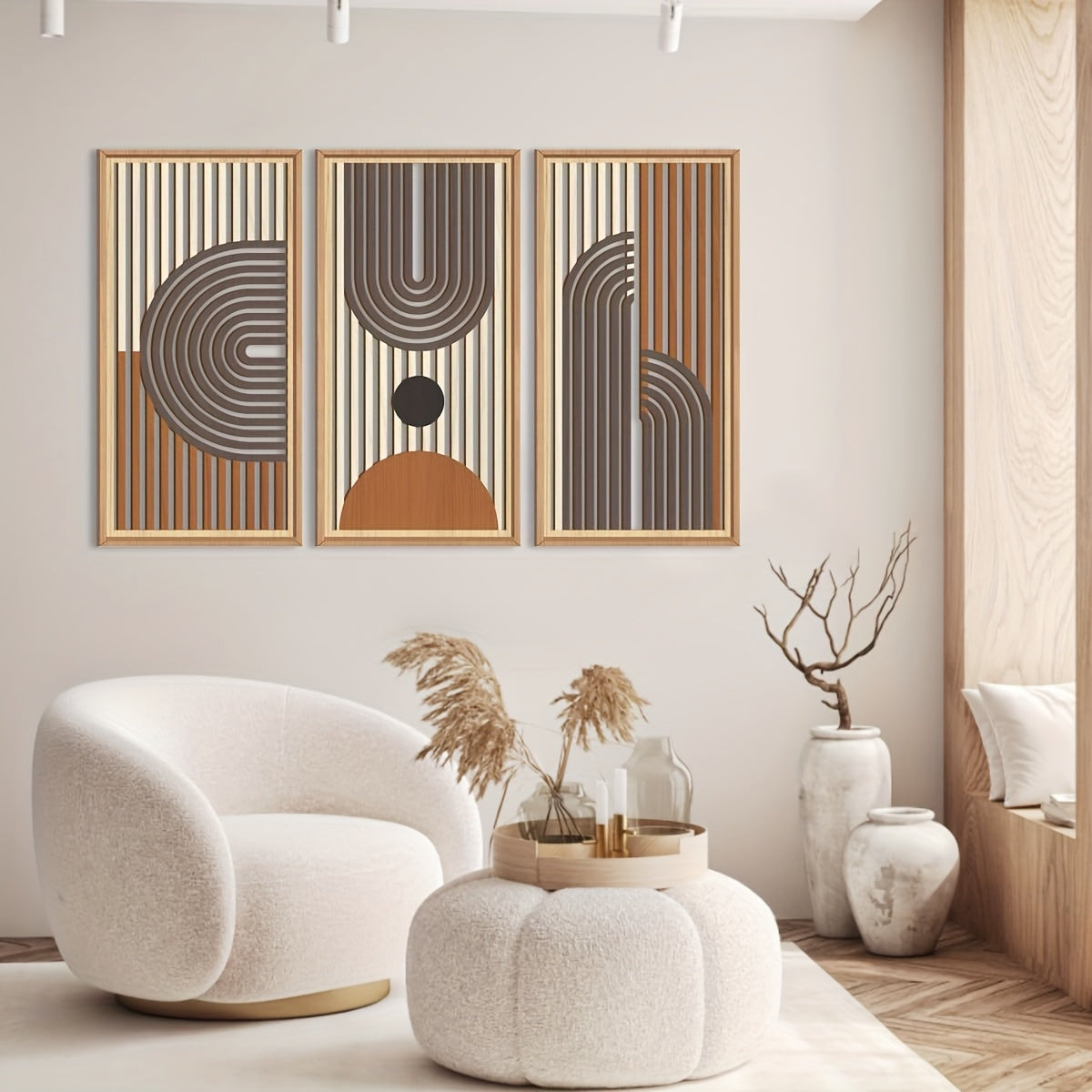 Abstract Geometric Line Wood Boho Wall Art | Mid-century Modern Wall Decor Set Of 3 Office Living Room Bedroom Office 16x32\