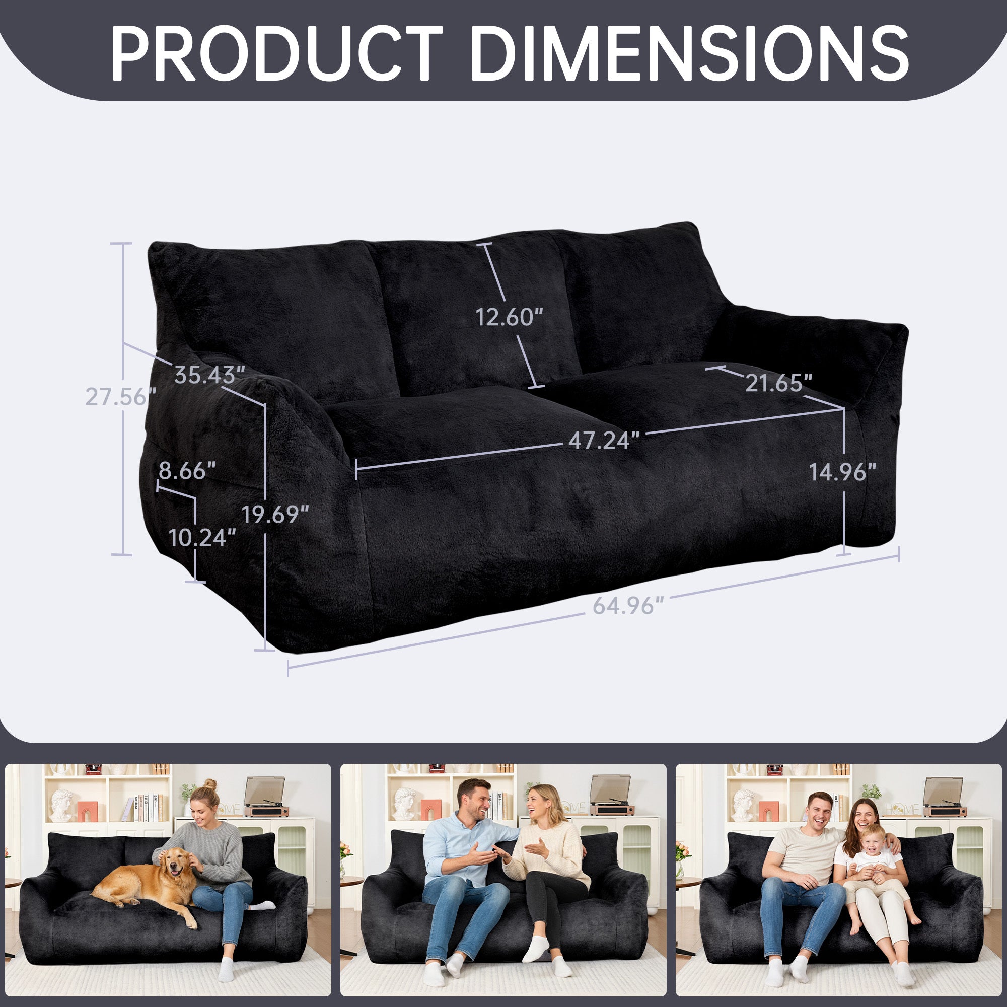 Modern Faux Fur Loveseat Couch for Small Space, Living Room Oversized Lounge Bean Bag Sofa with Memory Foam, Lazy Sofa with Soft Stuffed Filling for Apartment, Big Comfy Boneless Couches for Living Room, Bedroom