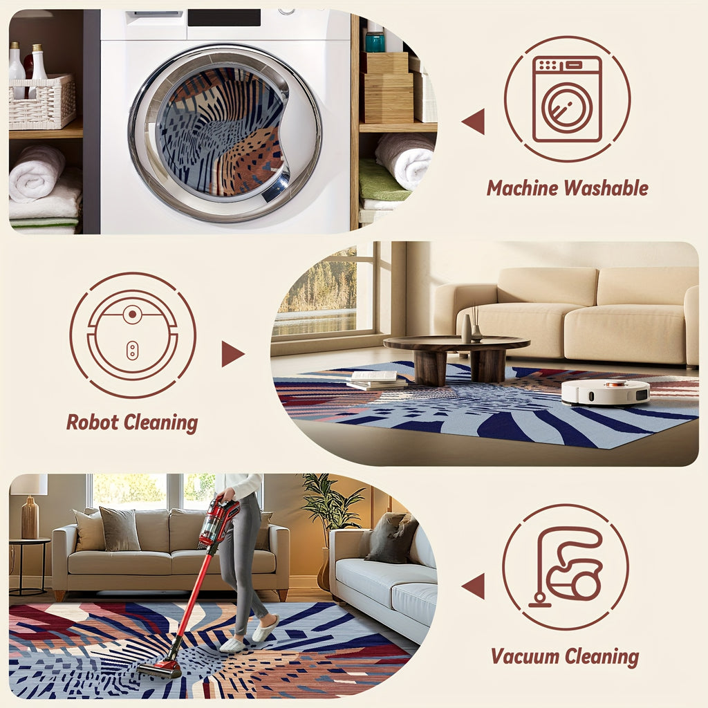 1pc Washable Modern Area Rug | Super Soft Low Pile Mat, Abstract Design, Brown & Blue, Non-Slip, Non-Shedding, Rectangle Rugs for Living Room, Bedroom, Office - Polyester, Machine Made by BLUEBOW