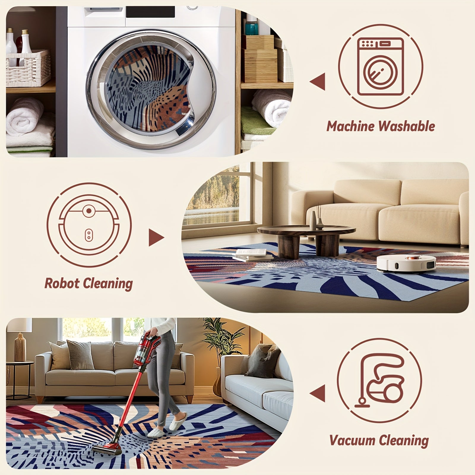 1pc Washable Modern Area Rug | Super Soft Low Pile Mat, Abstract Design, Brown & Blue, Non-Slip, Non-Shedding, Rectangle Rugs for Living Room, Bedroom, Office - Polyester, Machine Made by BLUEBOW