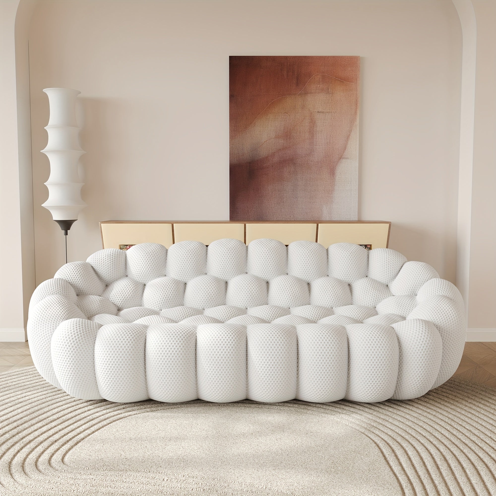 98'' Modern Upholstered Curved Sofa, 3 Seater Mesh Fabric Floor Sofa, 3D Honeycomb Shape Curved Couch for Living Room
