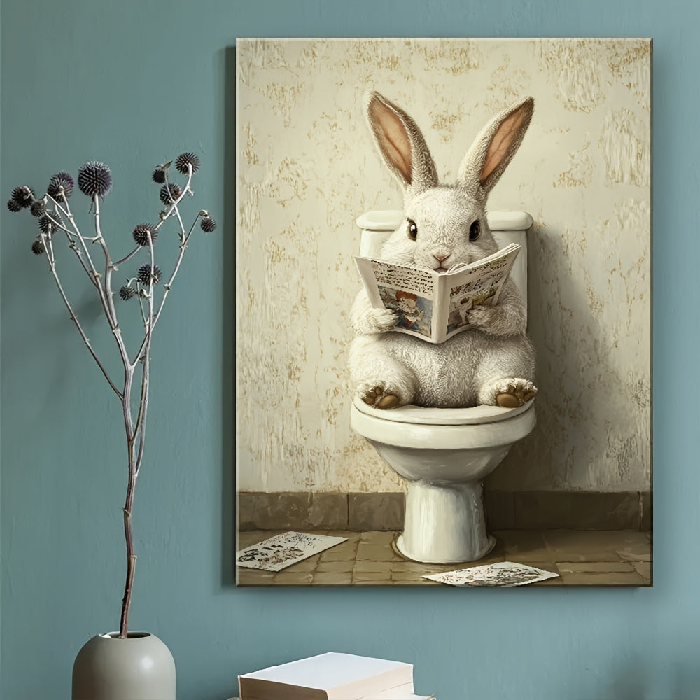 1pc Wooden Framed Canvas Painting, Rabbit in The Toilet Reading Newspaper Painting, Wall Decoration Art, Suitable for Anniversary, Home And Living Room Decoration Painting, Beautiful Wall Decoration