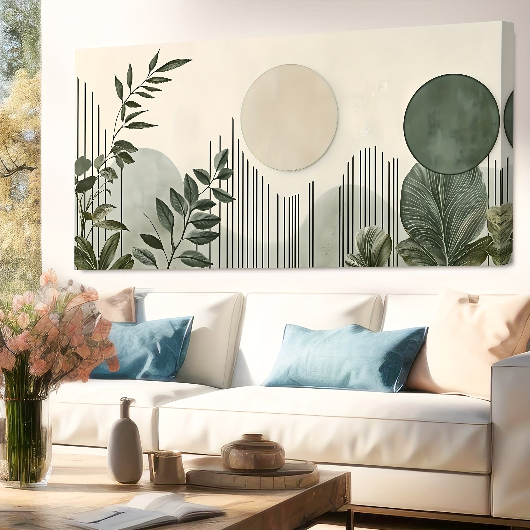 Durable Modern Geometric Wall Art with Organic Lines – Soft Green Minimalist Landscape Canvas Decor, Solid Wood Frame, Ready to Hang for Living Room, Bedroom, or Office, Wall Decor
