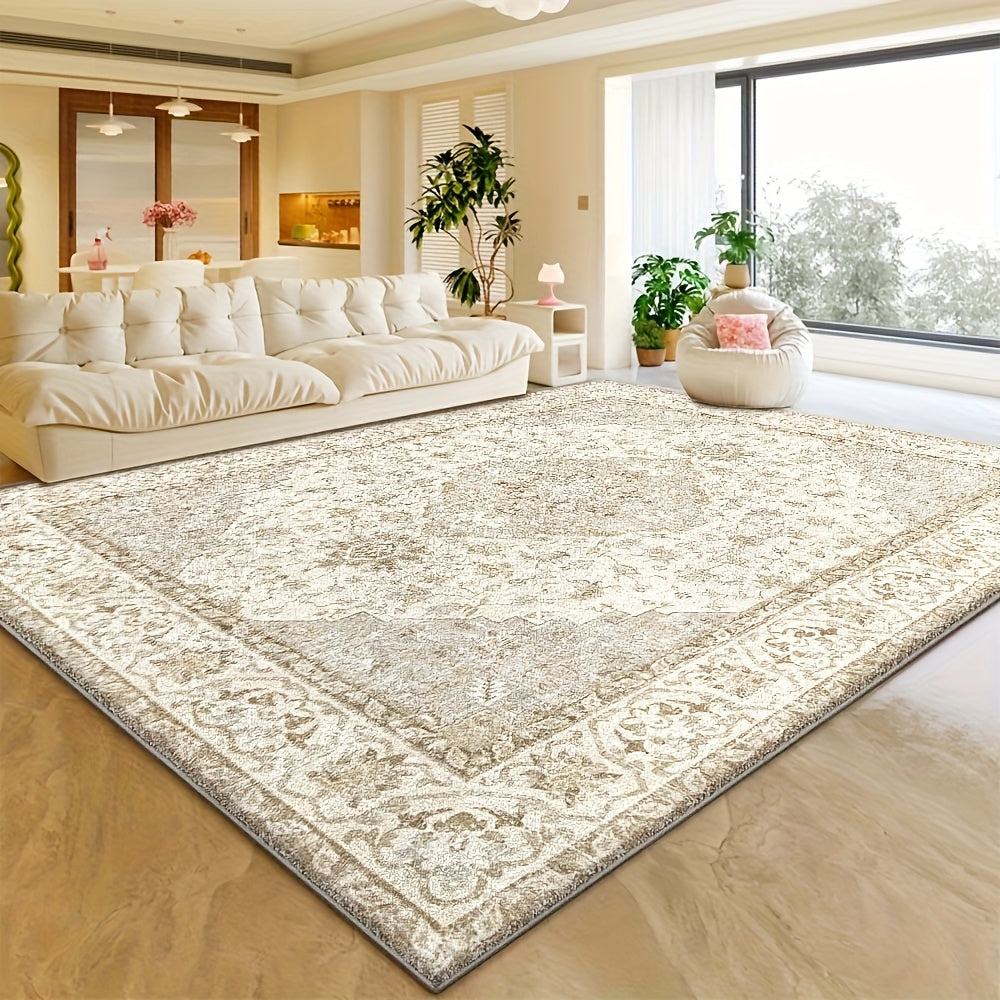 Plush Velvet Floral & Geometric Area Mat - 850 GSM Non-Slip Backing, Machine Washable Polyester Blend - Soft Beige & Cream Design for Living Room, Bedroom, Office - Lightweight Decorative Floor Mat for Game Rooms & Home Decor