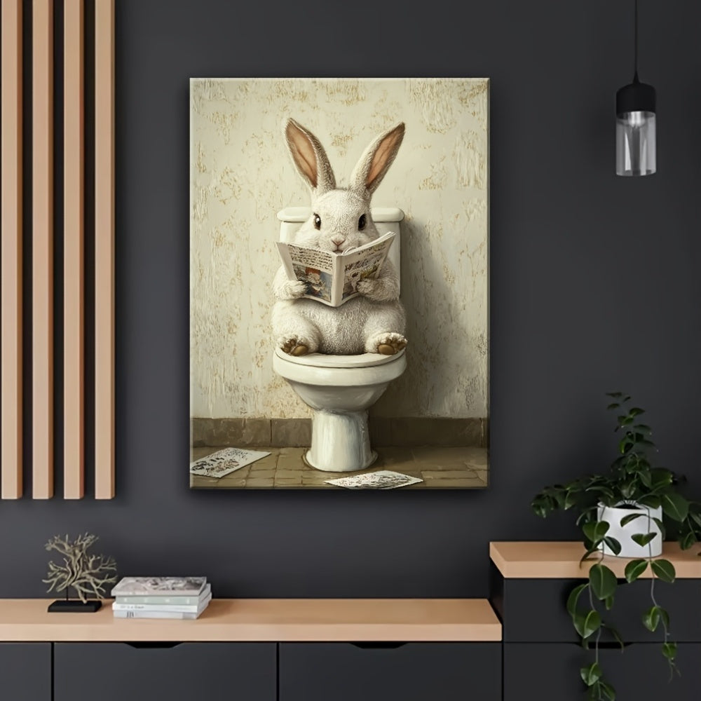 1pc Wooden Framed Canvas Painting, Rabbit in The Toilet Reading Newspaper Painting, Wall Decoration Art, Suitable for Anniversary, Home And Living Room Decoration Painting, Beautiful Wall Decoration