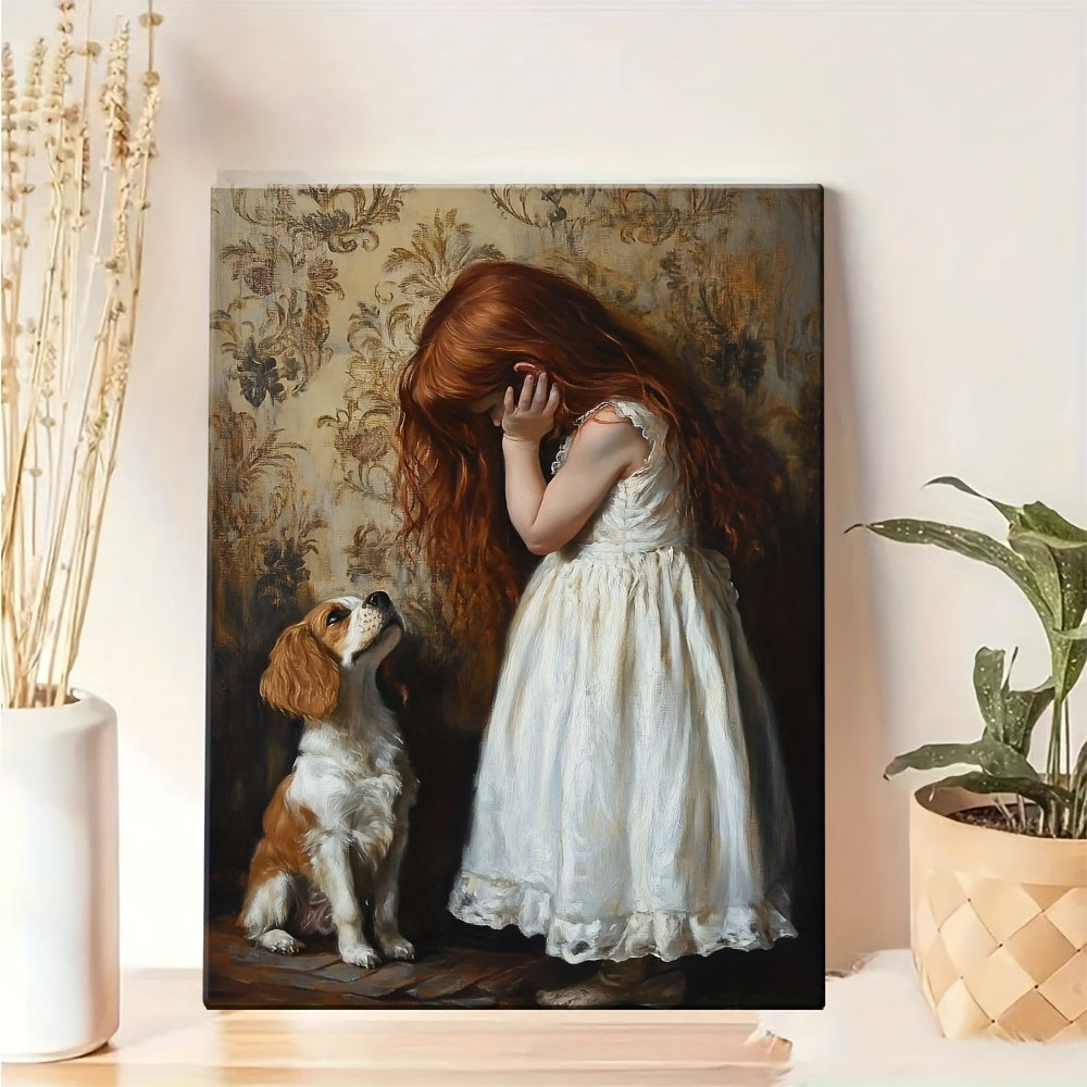 1pc Wooden Frame Canvas Poster - Artistic Girl with Red Hair in White Dress & Dog Illustration, High-Quality Canvas Print for Living Room, Bedroom, Office Decor, Canvas Wall Art