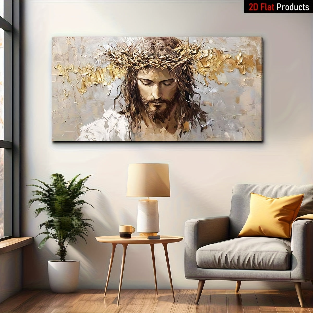 2D Flat1pcs large frame canvas painting art print, religious figure with crown of thorns, high quality wall art printed poster can be hung directly, Pine frame for Christmas decoration- Perfect Gift for Art Lovers & Home Decor Enthusiasts, 2D Flat