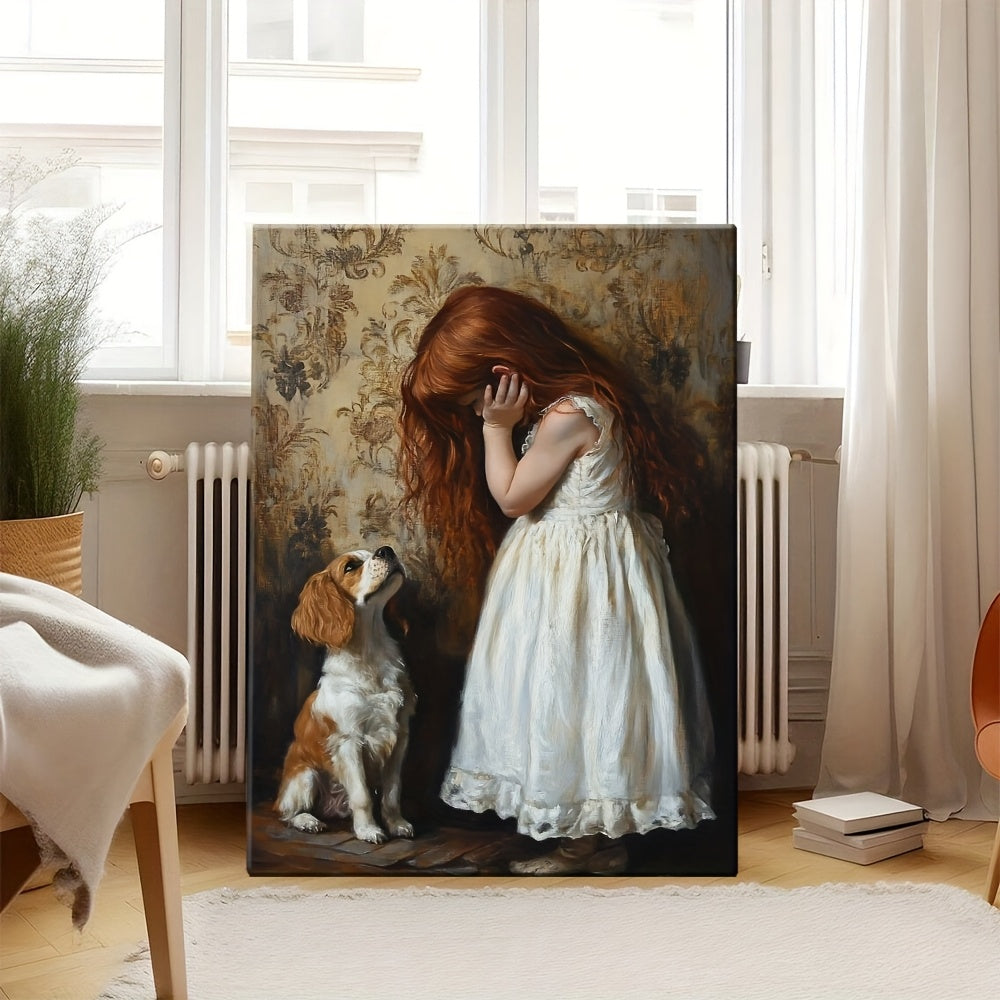 1pc Wooden Frame Canvas Poster - Artistic Girl with Red Hair in White Dress & Dog Illustration, High-Quality Canvas Print for Living Room, Bedroom, Office Decor, Canvas Wall Art