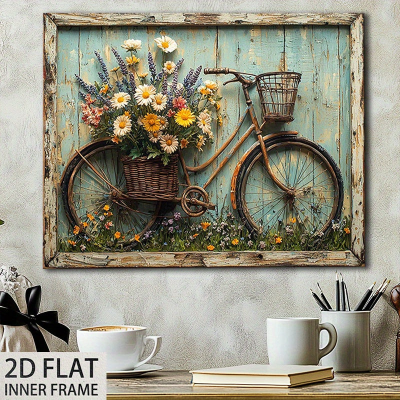 2D Flat, 1pc  and Blooming Flower Canvas Wall Art- Shabby Style Wooden Background, 12x16inch Country Landscape Painting Living Room Decoration, Kitchen Decoration Spring, Decoration, Pastoral Artwork, High-Quality Printing, 2D Flat, Room Decoration