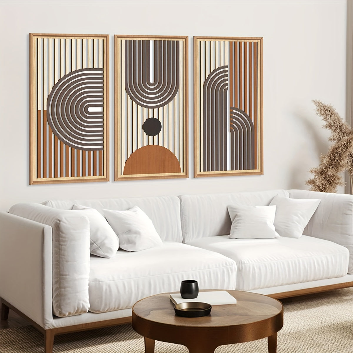 Abstract Geometric Line Wood Boho Wall Art | Mid-century Modern Wall Decor Set Of 3 Office Living Room Bedroom Office 16x32\