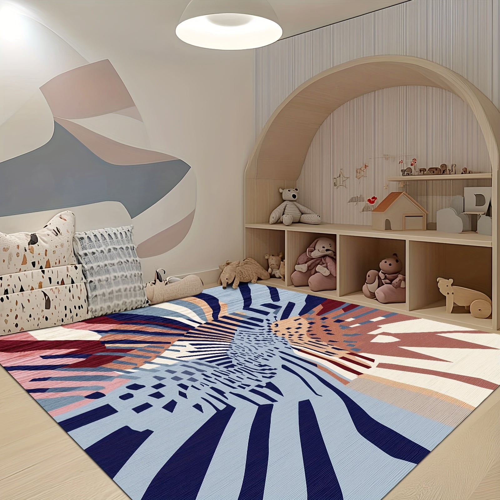 1pc Washable Modern Area Rug | Super Soft Low Pile Mat, Abstract Design, Brown & Blue, Non-Slip, Non-Shedding, Rectangle Rugs for Living Room, Bedroom, Office - Polyester, Machine Made by BLUEBOW