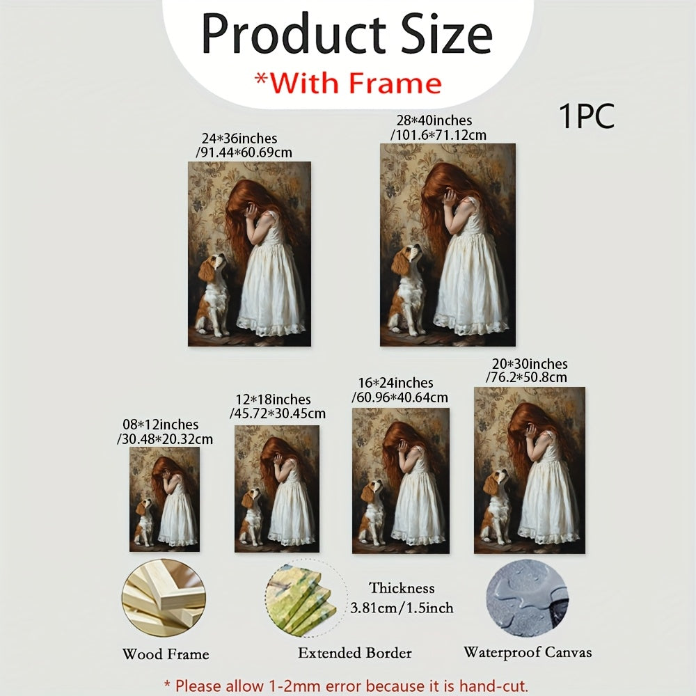 1pc Wooden Frame Canvas Poster - Artistic Girl with Red Hair in White Dress & Dog Illustration, High-Quality Canvas Print for Living Room, Bedroom, Office Decor, Canvas Wall Art