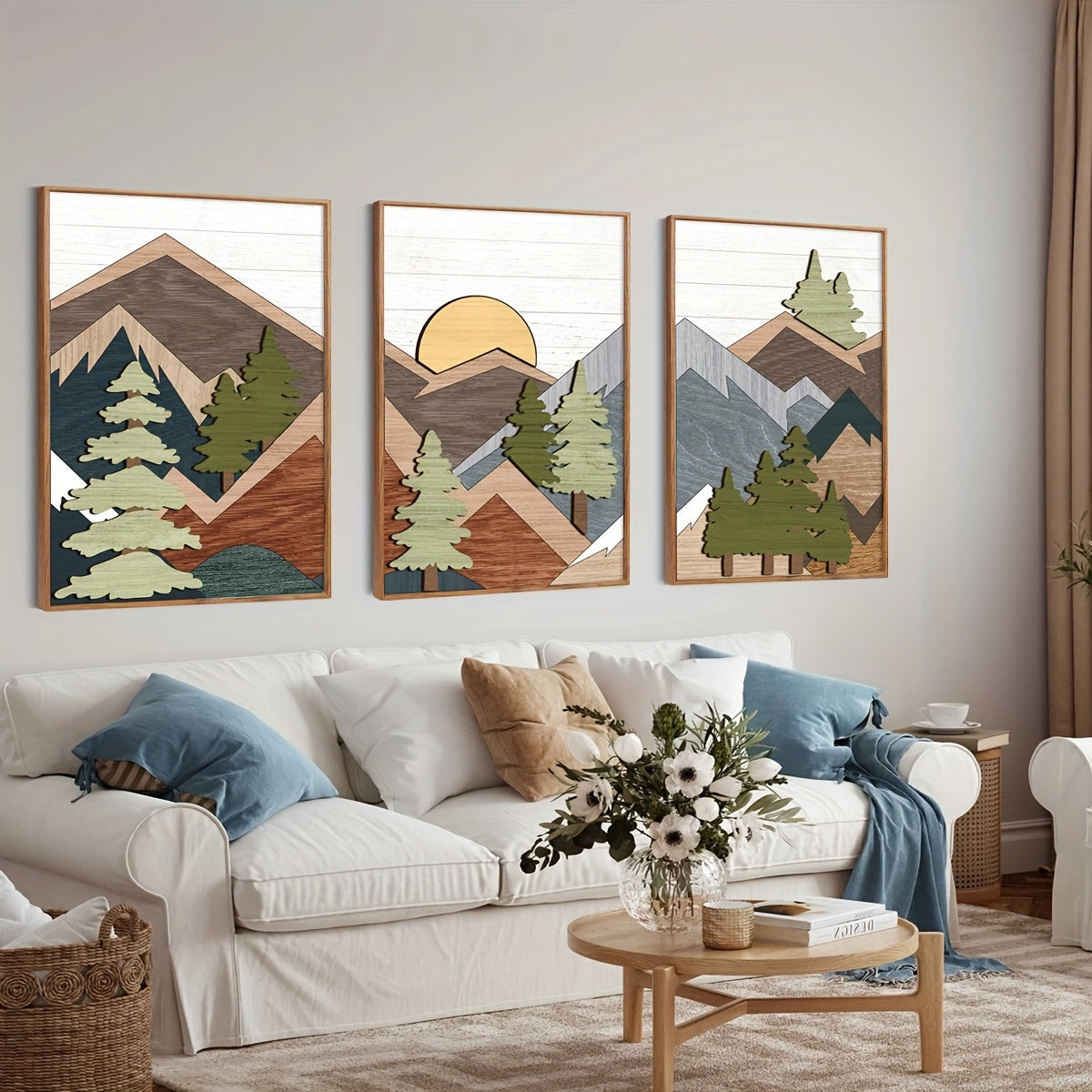 3D Wooden Mountain Wall Artwork | Framed Abstract Mountain Decor | Bohemian Nature Forest Art | Wooden Mountain Decorations | Mountain Landscape Artwork | 16\