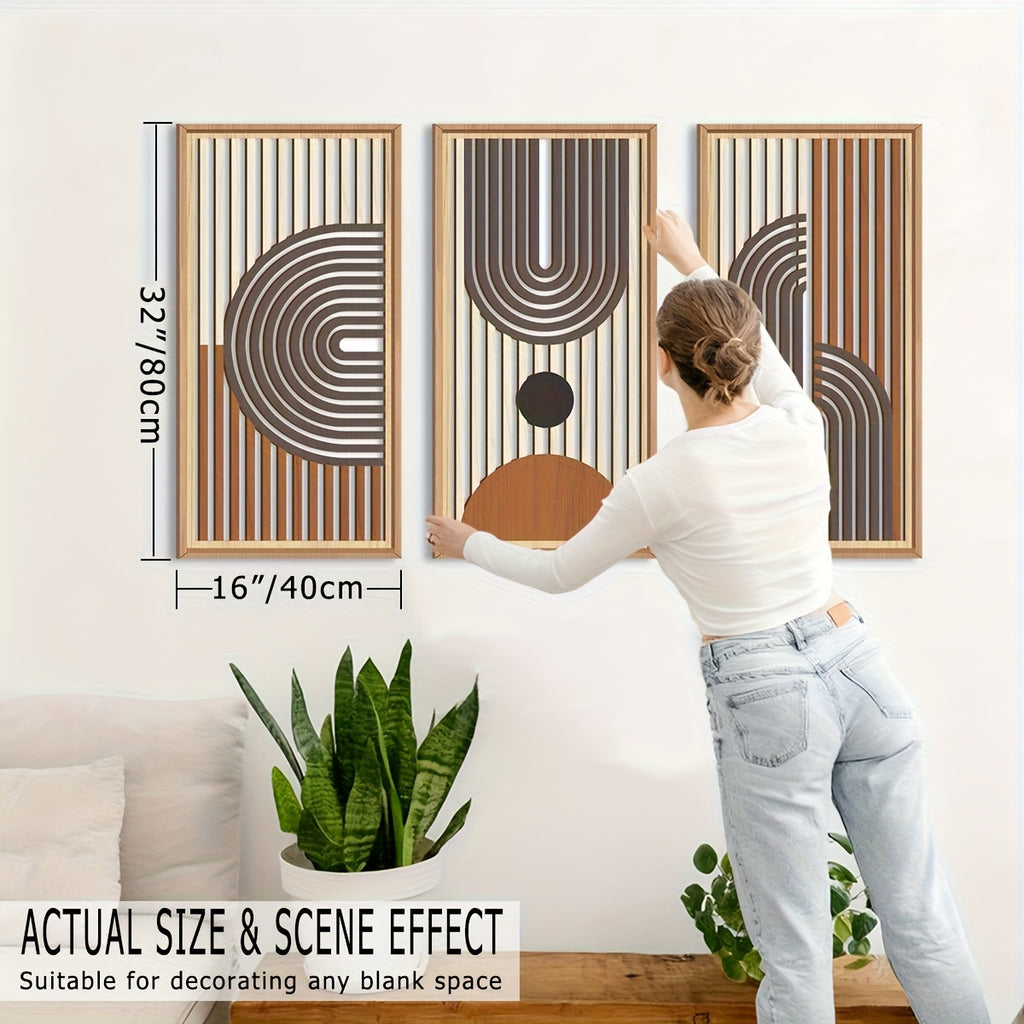 Abstract Geometric Line Wood Boho Wall Art | Mid-century Modern Wall Decor Set Of 3 Office Living Room Bedroom Office 16x32\