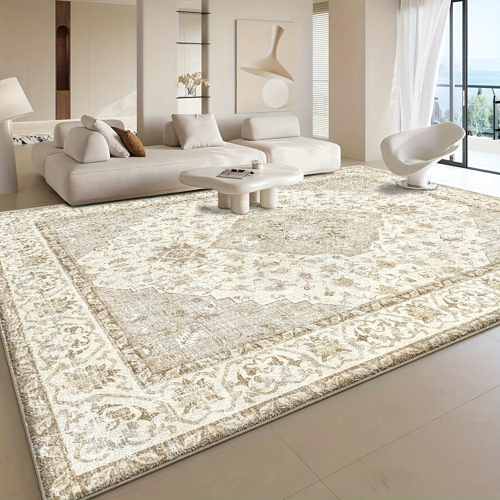 Plush Velvet Floral & Geometric Area Mat - 850 GSM Non-Slip Backing, Machine Washable Polyester Blend - Soft Beige & Cream Design for Living Room, Bedroom, Office - Lightweight Decorative Floor Mat for Game Rooms & Home Decor