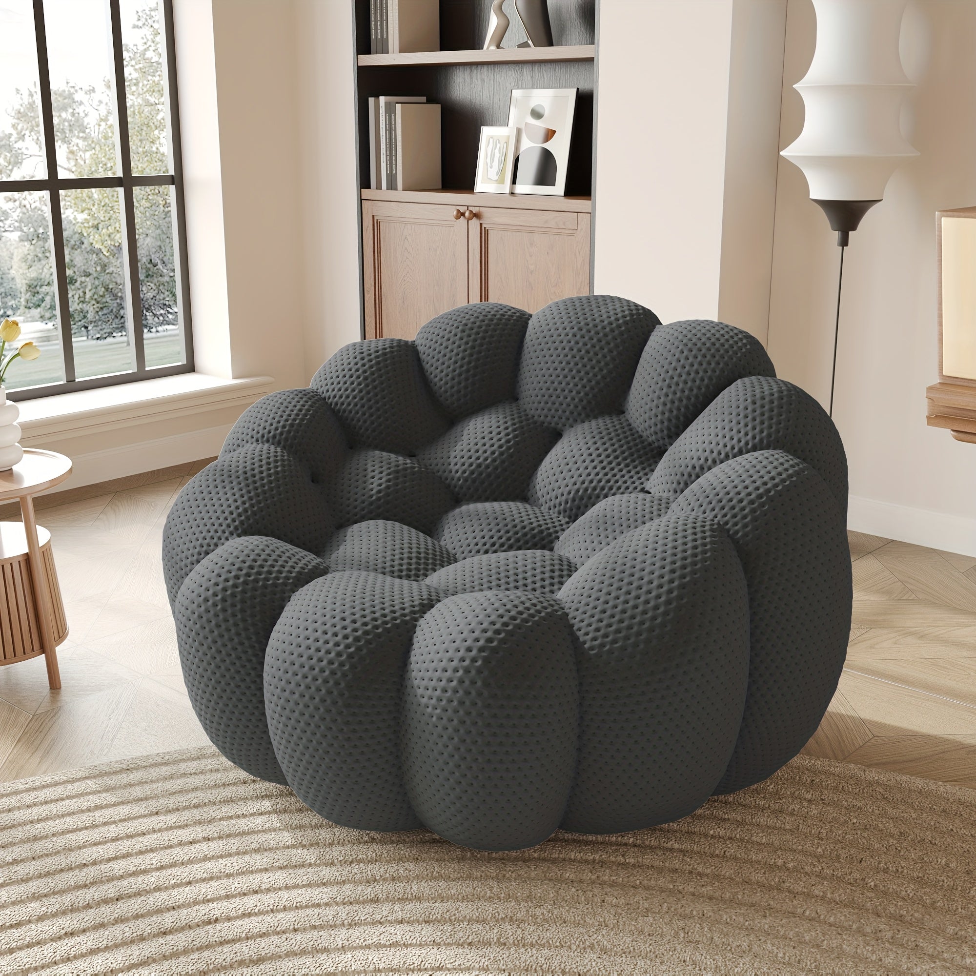 98'' Modern Upholstered Curved Sofa, 3 Seater Mesh Fabric Floor Sofa, 3D Honeycomb Shape Curved Couch for Living Room