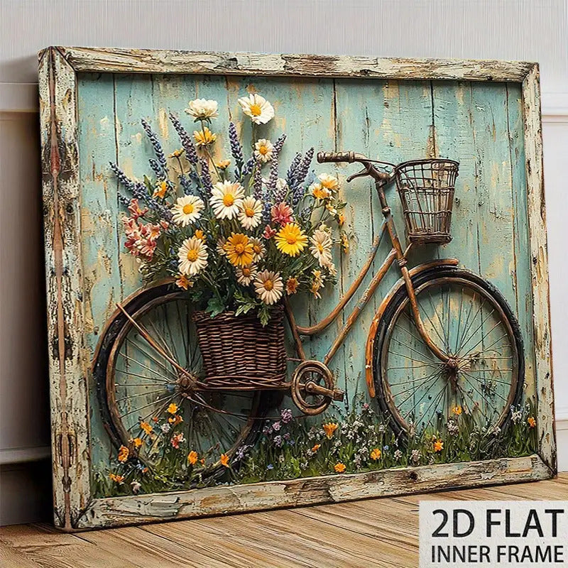 2D Flat, 1pc  and Blooming Flower Canvas Wall Art- Shabby Style Wooden Background, 12x16inch Country Landscape Painting Living Room Decoration, Kitchen Decoration Spring, Decoration, Pastoral Artwork, High-Quality Printing, 2D Flat, Room Decoration