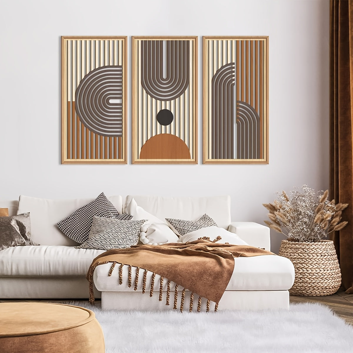 Abstract Geometric Line Wood Boho Wall Art | Mid-century Modern Wall Decor Set Of 3 Office Living Room Bedroom Office 16x32\