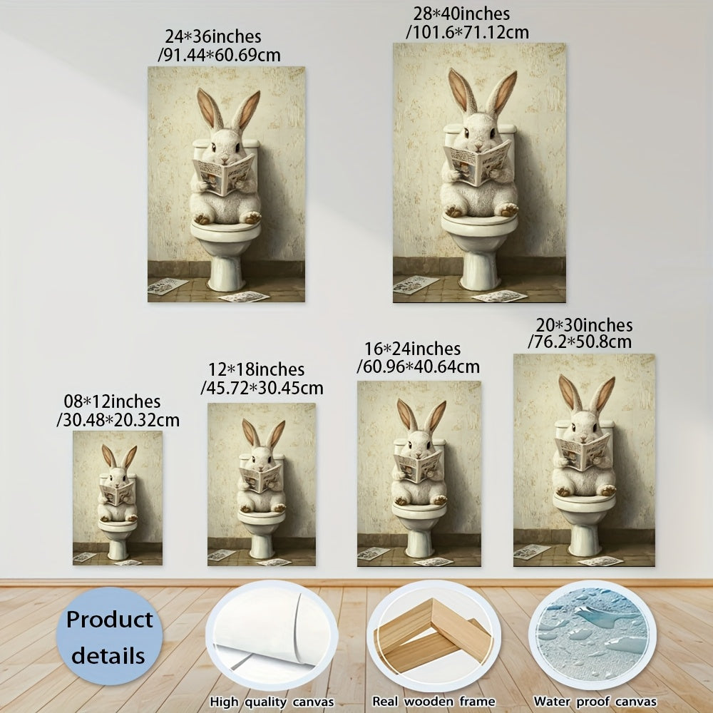 1pc Wooden Framed Canvas Painting, Rabbit in The Toilet Reading Newspaper Painting, Wall Decoration Art, Suitable for Anniversary, Home And Living Room Decoration Painting, Beautiful Wall Decoration
