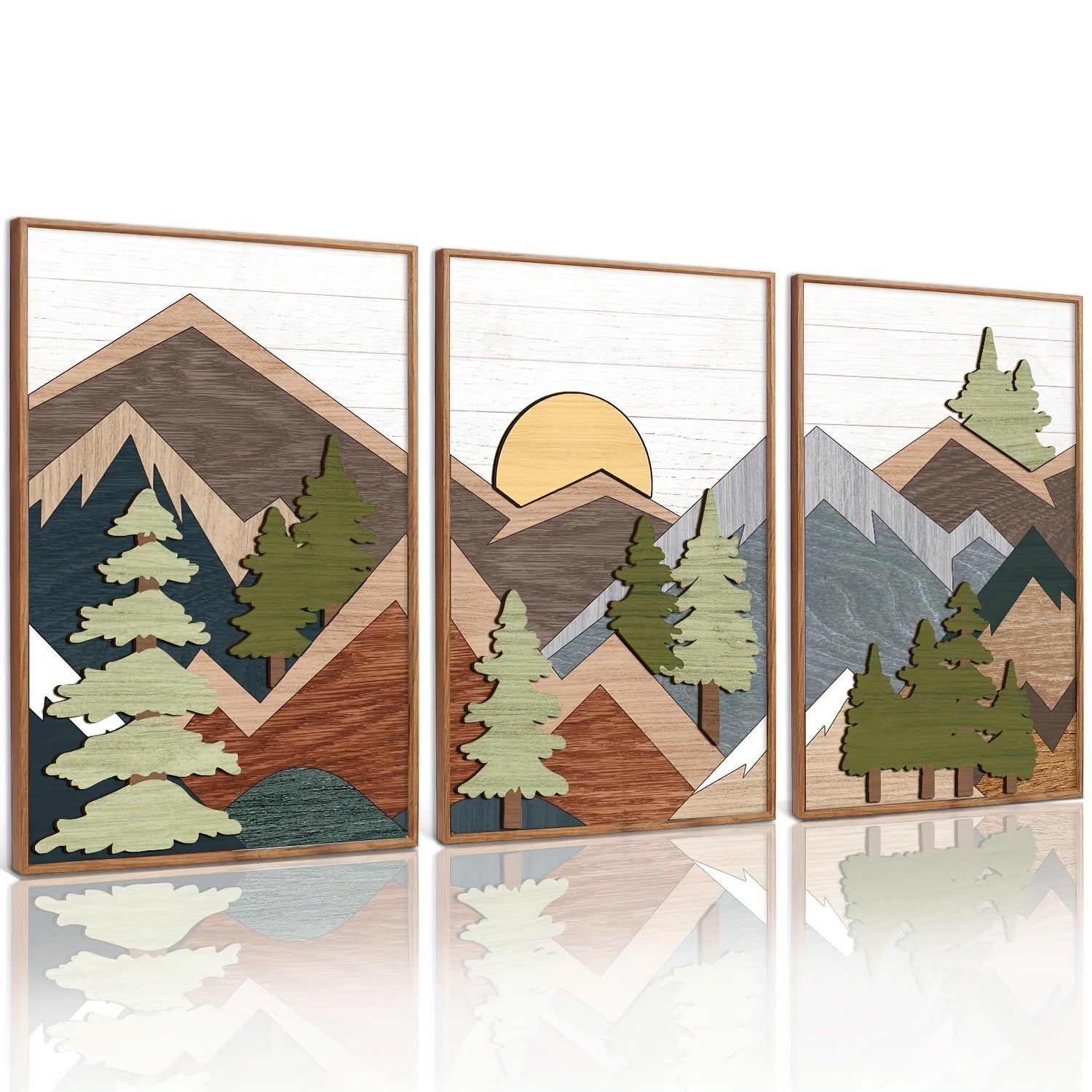 3D Wooden Mountain Wall Artwork | Framed Abstract Mountain Decor | Bohemian Nature Forest Art | Wooden Mountain Decorations | Mountain Landscape Artwork | 16\
