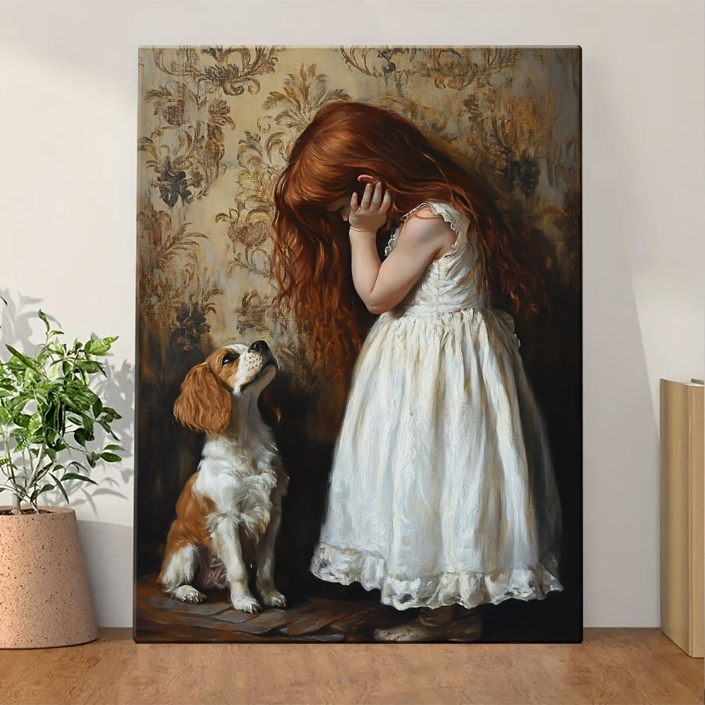 1pc Wooden Frame Canvas Poster - Artistic Girl with Red Hair in White Dress & Dog Illustration, High-Quality Canvas Print for Living Room, Bedroom, Office Decor, Canvas Wall Art