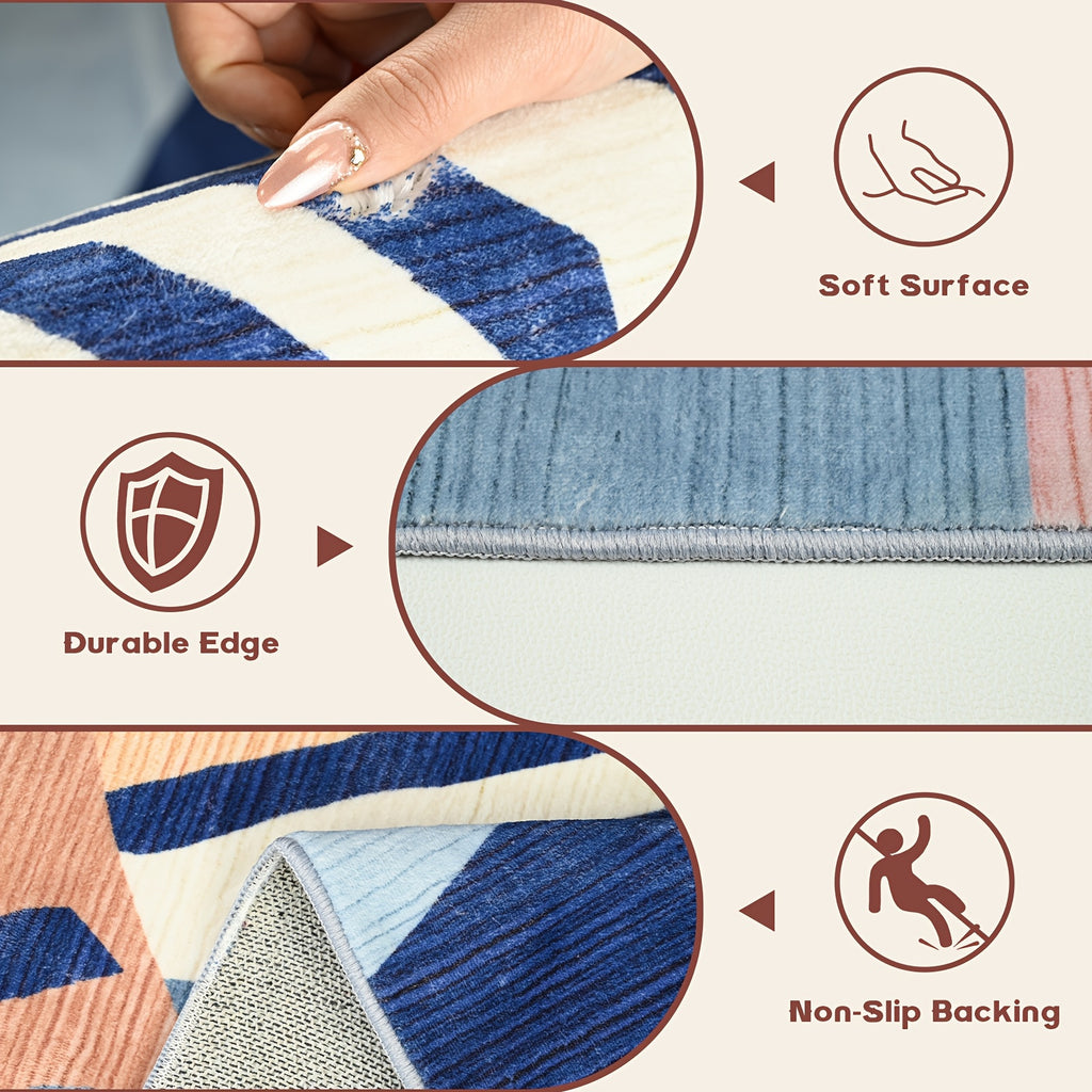 1pc Washable Modern Area Rug | Super Soft Low Pile Mat, Abstract Design, Brown & Blue, Non-Slip, Non-Shedding, Rectangle Rugs for Living Room, Bedroom, Office - Polyester, Machine Made by BLUEBOW