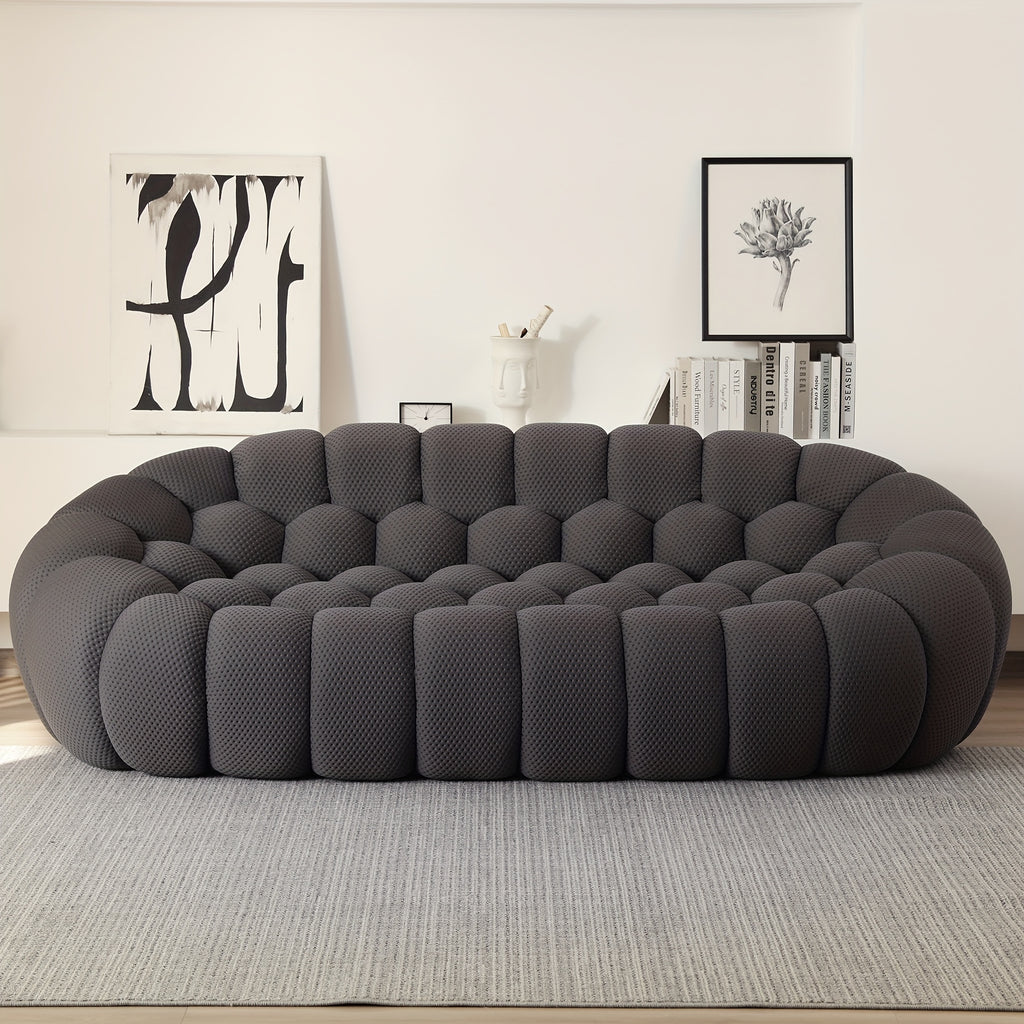 98'' Modern Upholstered Curved Sofa, 3 Seater Mesh Fabric Floor Sofa, 3D Honeycomb Shape Curved Couch for Living Room