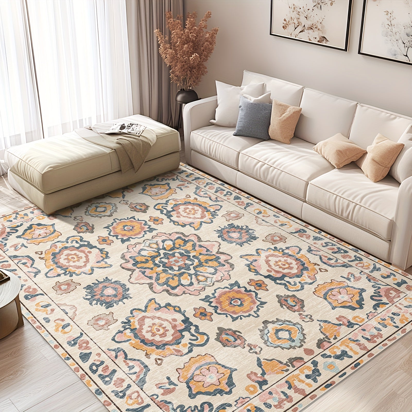 Large Vintage Persian Boho Moroccan Rug - Beige\u002F Machine-Washable Lightweight Foldable Indoor, Large Rectangle Mat for Bedroom, Living Room, Bohemian Decor ()
