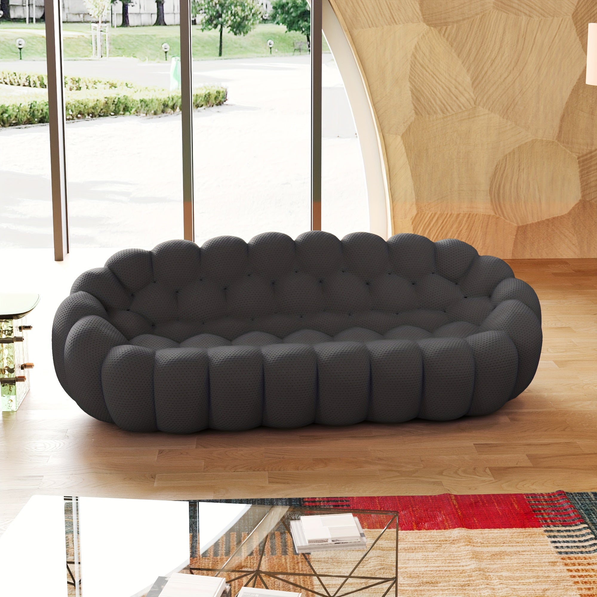 98'' Modern Upholstered Curved Sofa, 3 Seater Mesh Fabric Floor Sofa, 3D Honeycomb Shape Curved Couch for Living Room