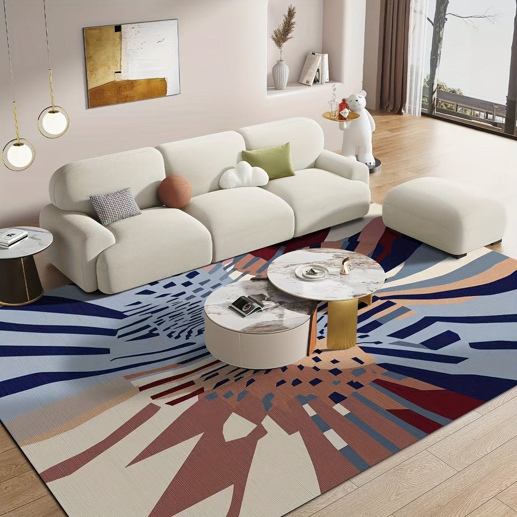 1pc Washable Modern Area Rug | Super Soft Low Pile Mat, Abstract Design, Brown & Blue, Non-Slip, Non-Shedding, Rectangle Rugs for Living Room, Bedroom, Office - Polyester, Machine Made by BLUEBOW