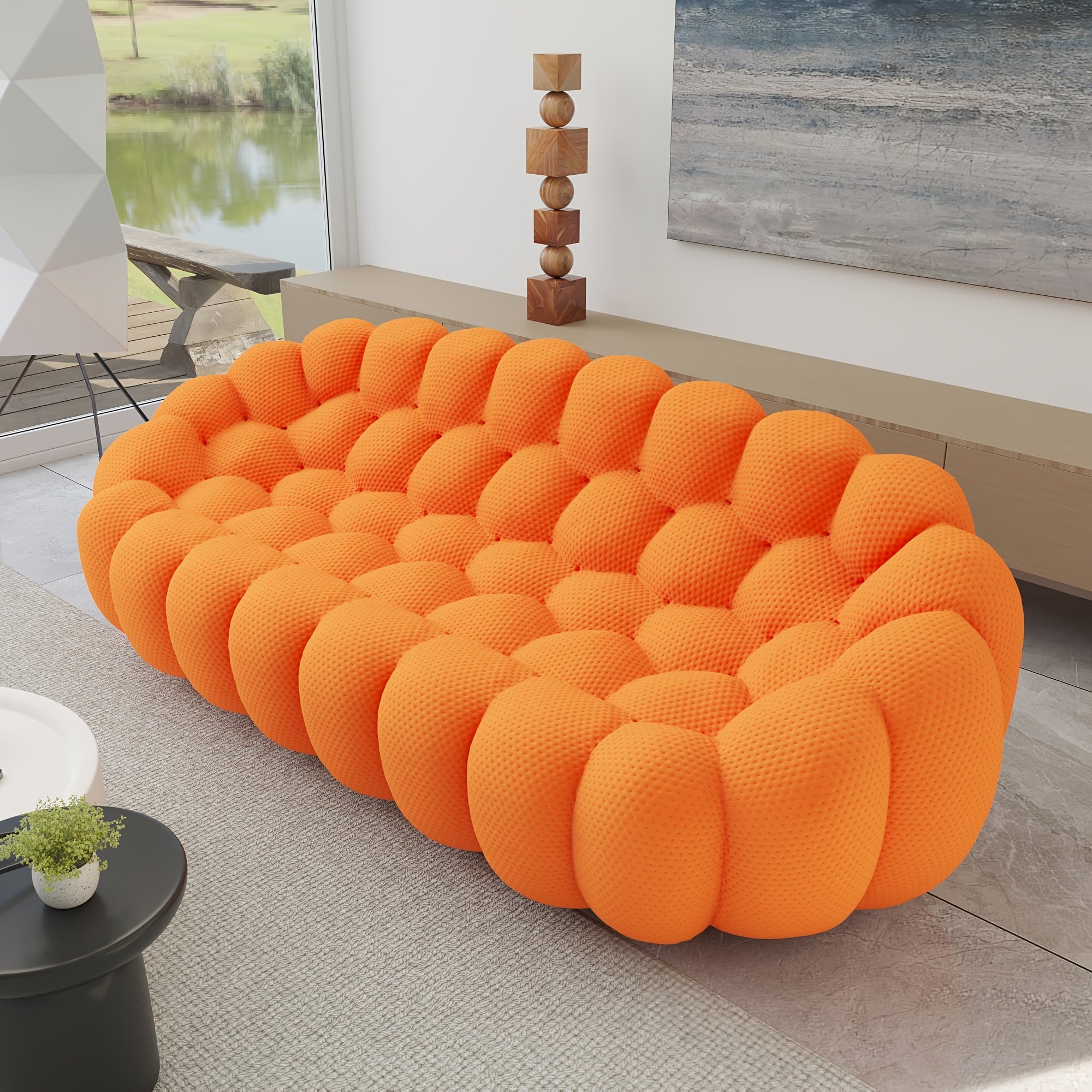 98'' Modern Upholstered Curved Sofa, 3 Seater Mesh Fabric Floor Sofa, 3D Honeycomb Shape Curved Couch for Living Room