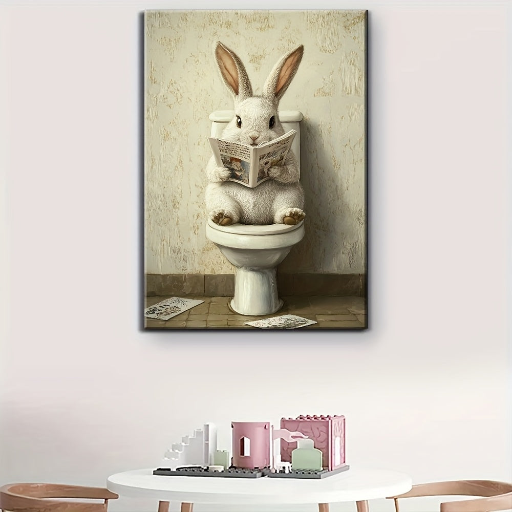 1pc Wooden Framed Canvas Painting, Rabbit in The Toilet Reading Newspaper Painting, Wall Decoration Art, Suitable for Anniversary, Home And Living Room Decoration Painting, Beautiful Wall Decoration