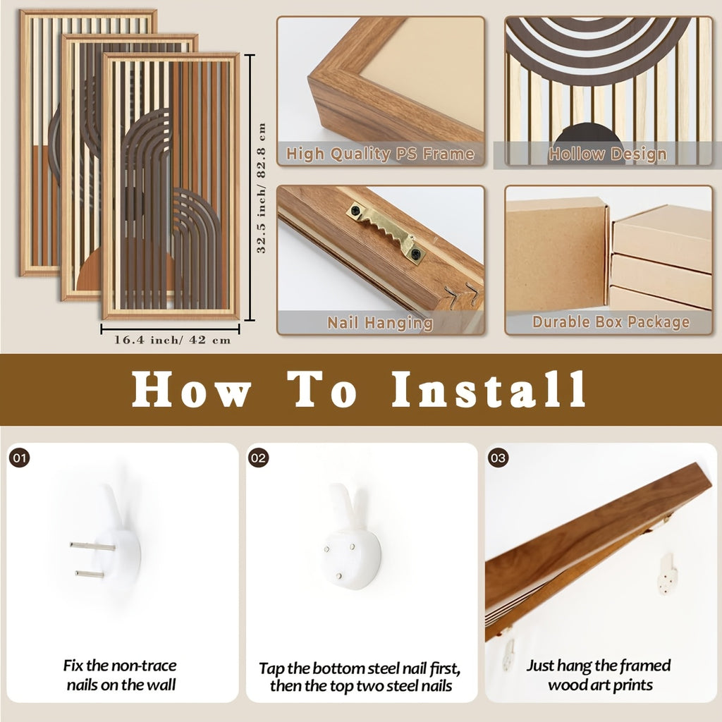 Abstract Geometric Line Wood Boho Wall Art | Mid-century Modern Wall Decor Set Of 3 Office Living Room Bedroom Office 16x32\