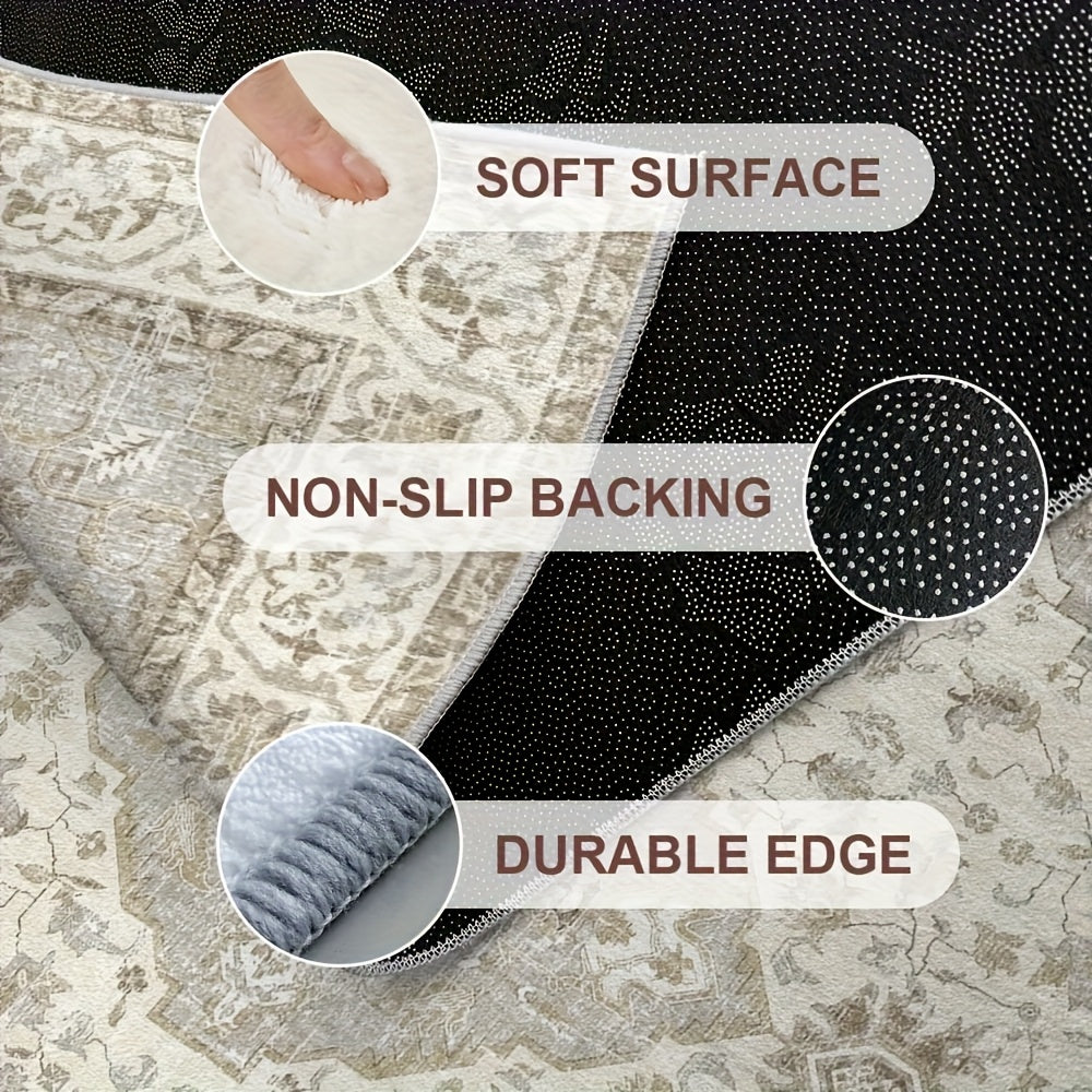 Plush Velvet Floral & Geometric Area Mat - 850 GSM Non-Slip Backing, Machine Washable Polyester Blend - Soft Beige & Cream Design for Living Room, Bedroom, Office - Lightweight Decorative Floor Mat for Game Rooms & Home Decor