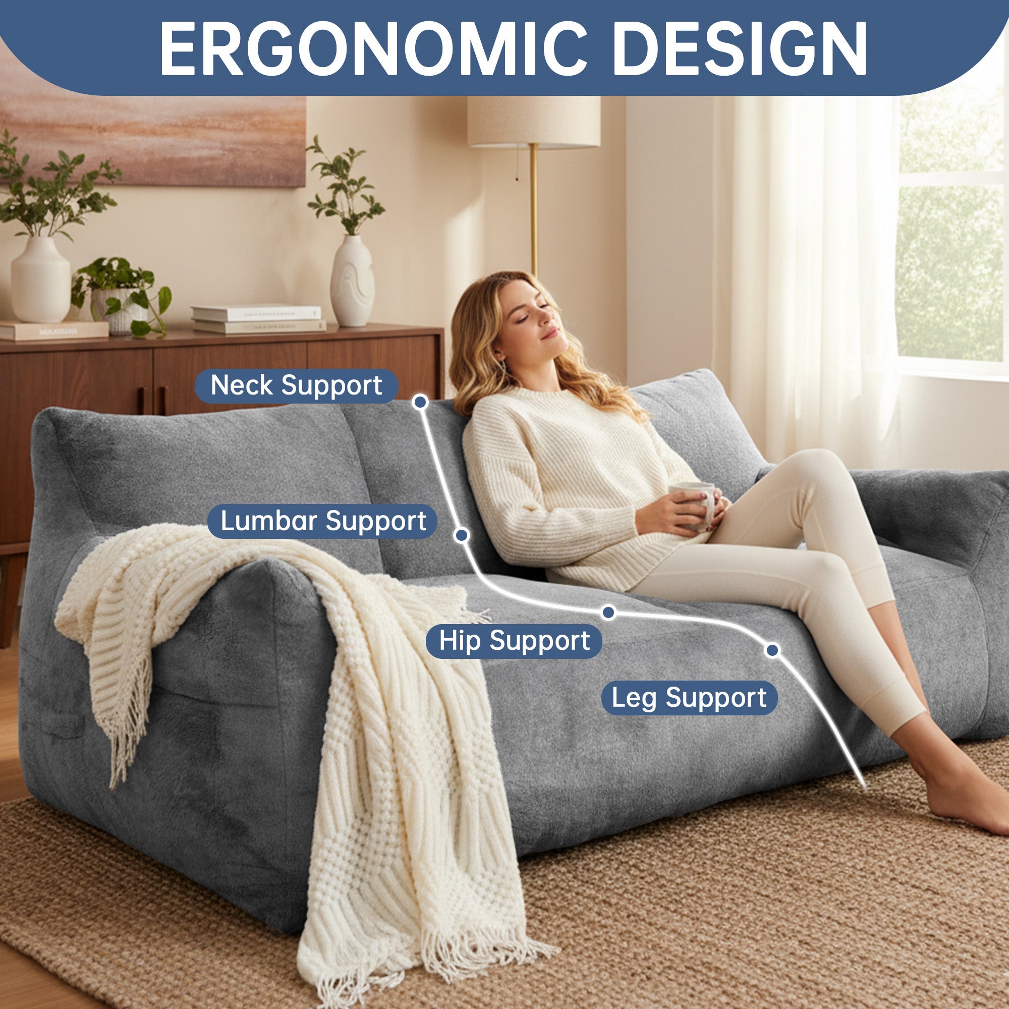 Modern Faux Fur Loveseat Couch for Small Space, Living Room Oversized Lounge Bean Bag Sofa with Memory Foam, Lazy Sofa with Soft Stuffed Filling for Apartment, Big Comfy Boneless Couches for Living Room, Bedroom