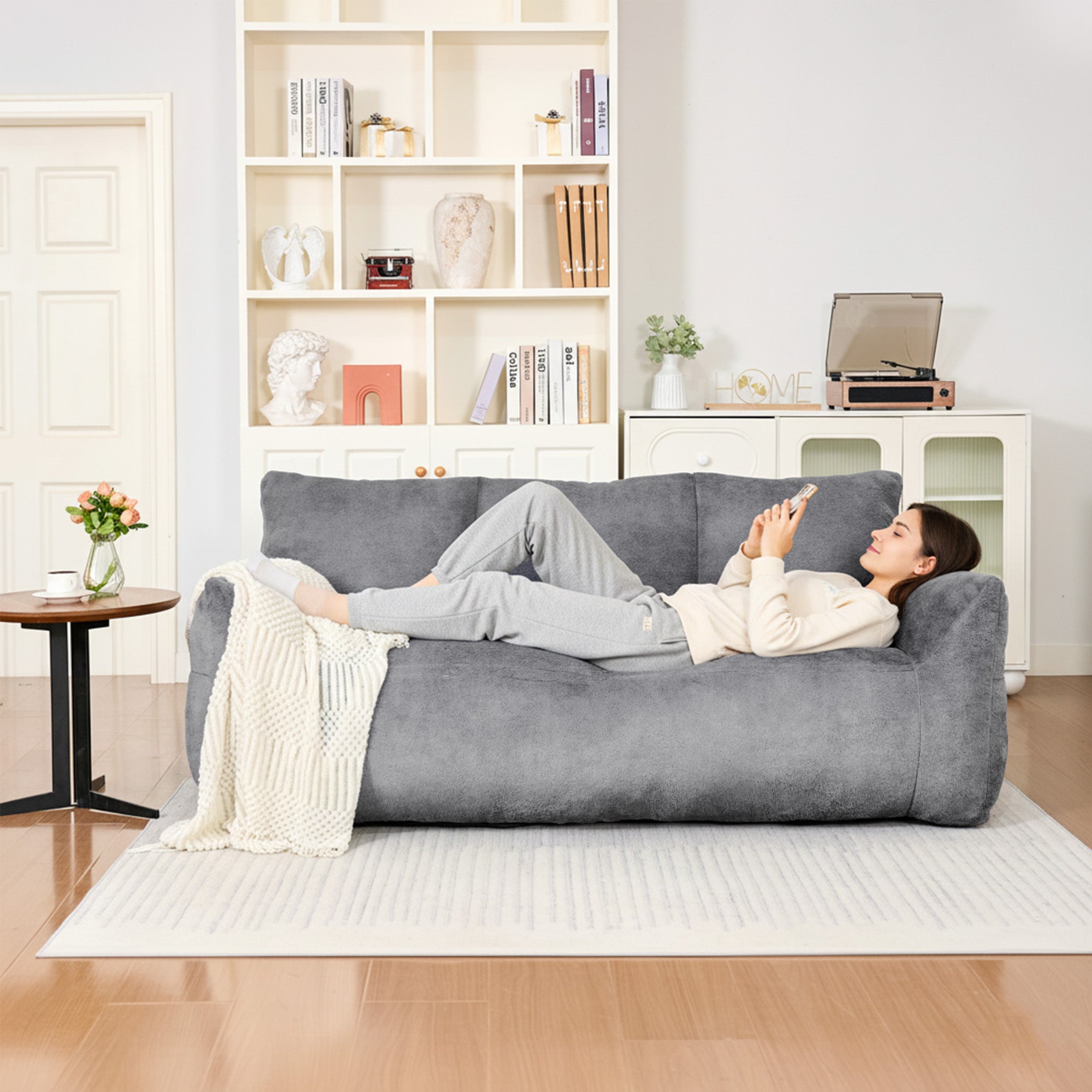 Modern Faux Fur Loveseat Couch for Small Space, Living Room Oversized Lounge Bean Bag Sofa with Memory Foam, Lazy Sofa with Soft Stuffed Filling for Apartment, Big Comfy Boneless Couches for Living Room, Bedroom