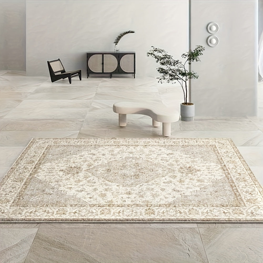 Plush Velvet Floral & Geometric Area Mat - 850 GSM Non-Slip Backing, Machine Washable Polyester Blend - Soft Beige & Cream Design for Living Room, Bedroom, Office - Lightweight Decorative Floor Mat for Game Rooms & Home Decor