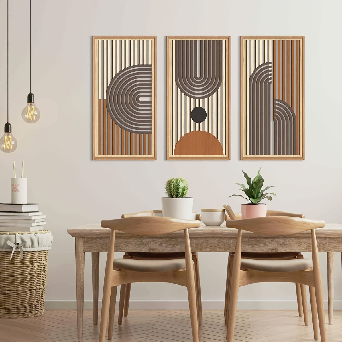 Abstract Geometric Line Wood Boho Wall Art | Mid-century Modern Wall Decor Set Of 3 Office Living Room Bedroom Office 16x32\