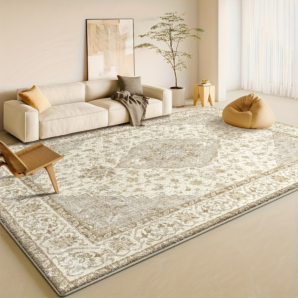 Plush Velvet Floral & Geometric Area Mat - 850 GSM Non-Slip Backing, Machine Washable Polyester Blend - Soft Beige & Cream Design for Living Room, Bedroom, Office - Lightweight Decorative Floor Mat for Game Rooms & Home Decor